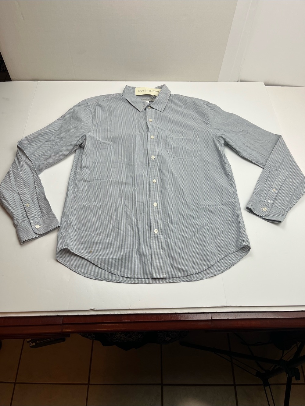 Outerknown White Pinstripe Stripe Mens Medium Long Sleeve Button Front NEW *FLAW